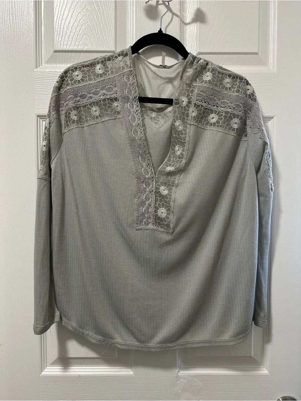Free People Gray Lace Yoke Thermal Top XS Boho Long Sleeve